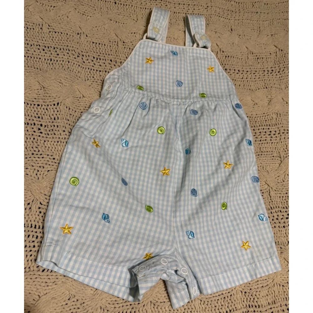 Gymboree Vintage 2003 Gingham Seashell Starfish Shortall Romper Blue 18-24M